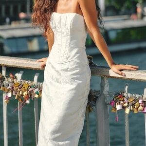 Lulus Melva White Satin Jacquard Two-piece Bustier Maxi Dress - Size M